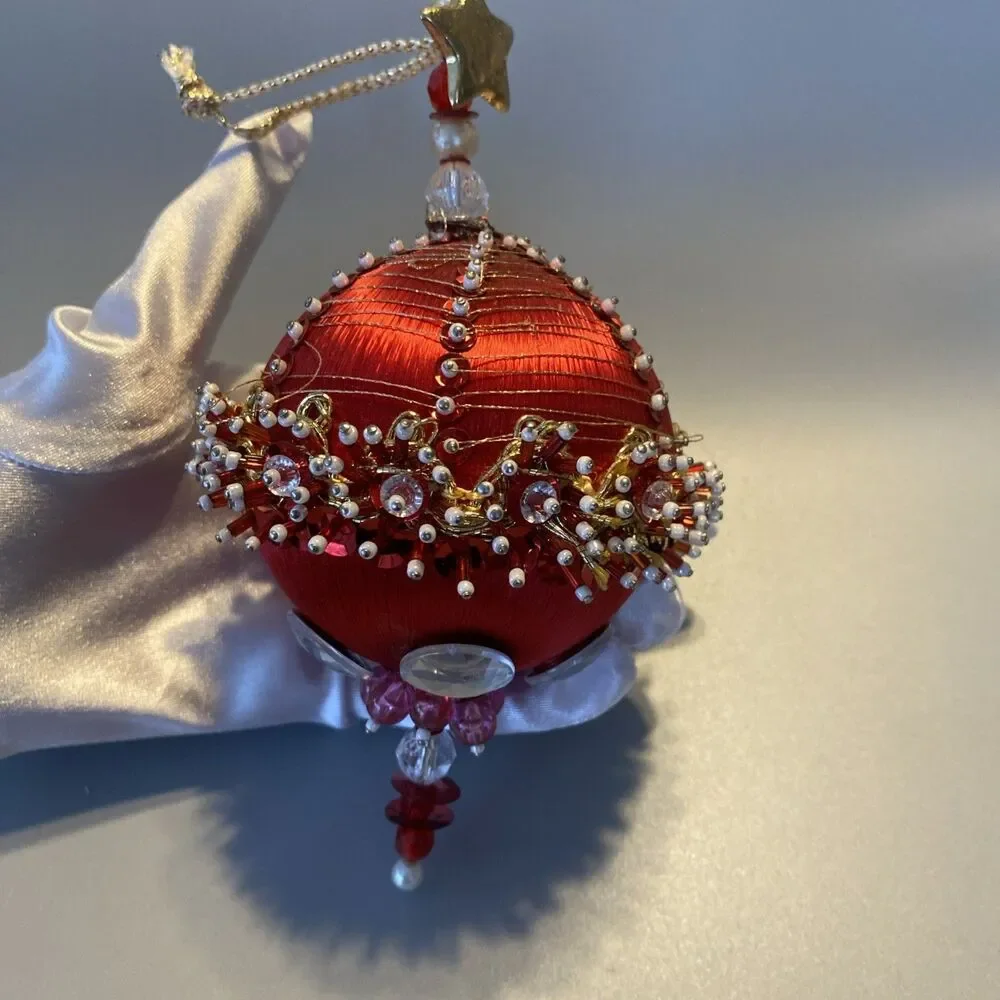Vintage Christmas Red Gold Beaded Push Pin Ornate Ball Ornament Large Handmade